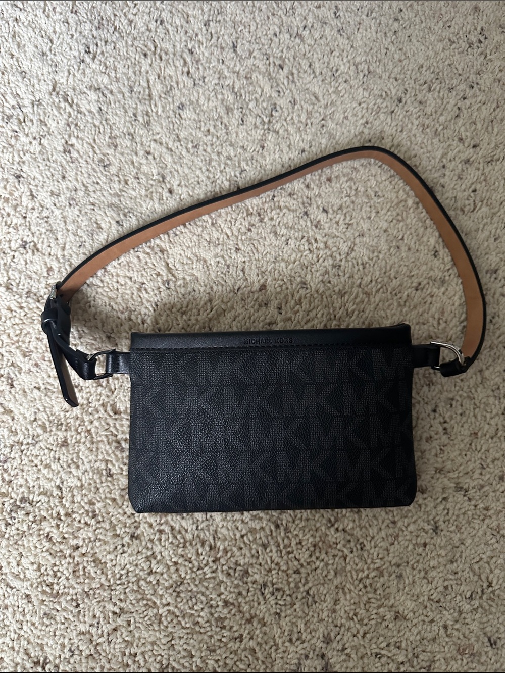 Michael Kors Black MK Logo Belt Bag with Tan Strap Lining